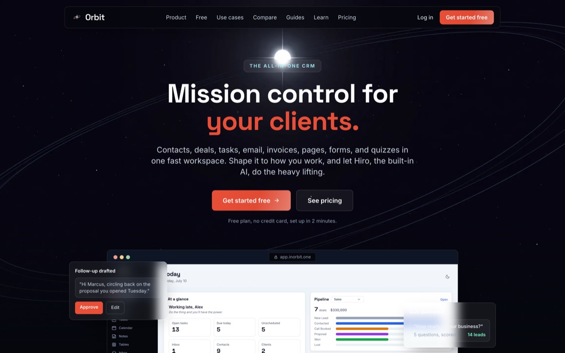 A CRM workspace I built, showing pipeline, tasks and inbox on one screen