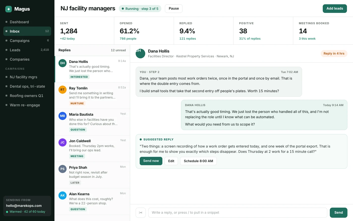 Inside an outreach app: campaign stats, a reply inbox and a suggested reply drafted for the user