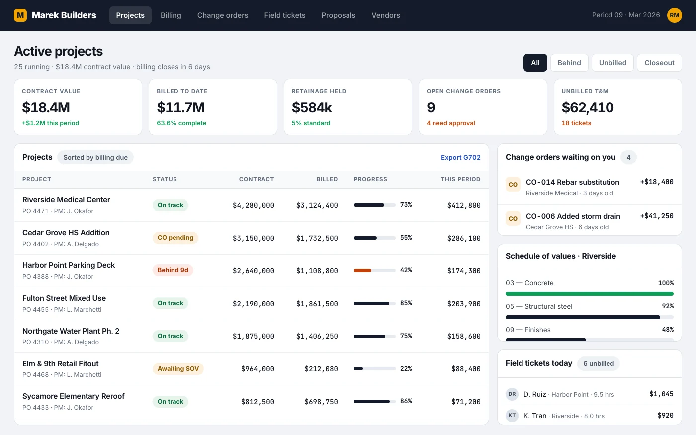 Inside a construction operations app: project billing table, change orders and schedule of values