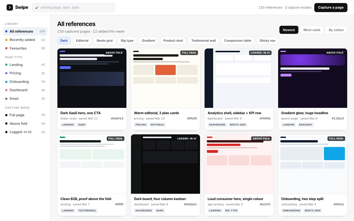 Inside a reference library: captured page thumbnails filtered by type, colour and capture mode