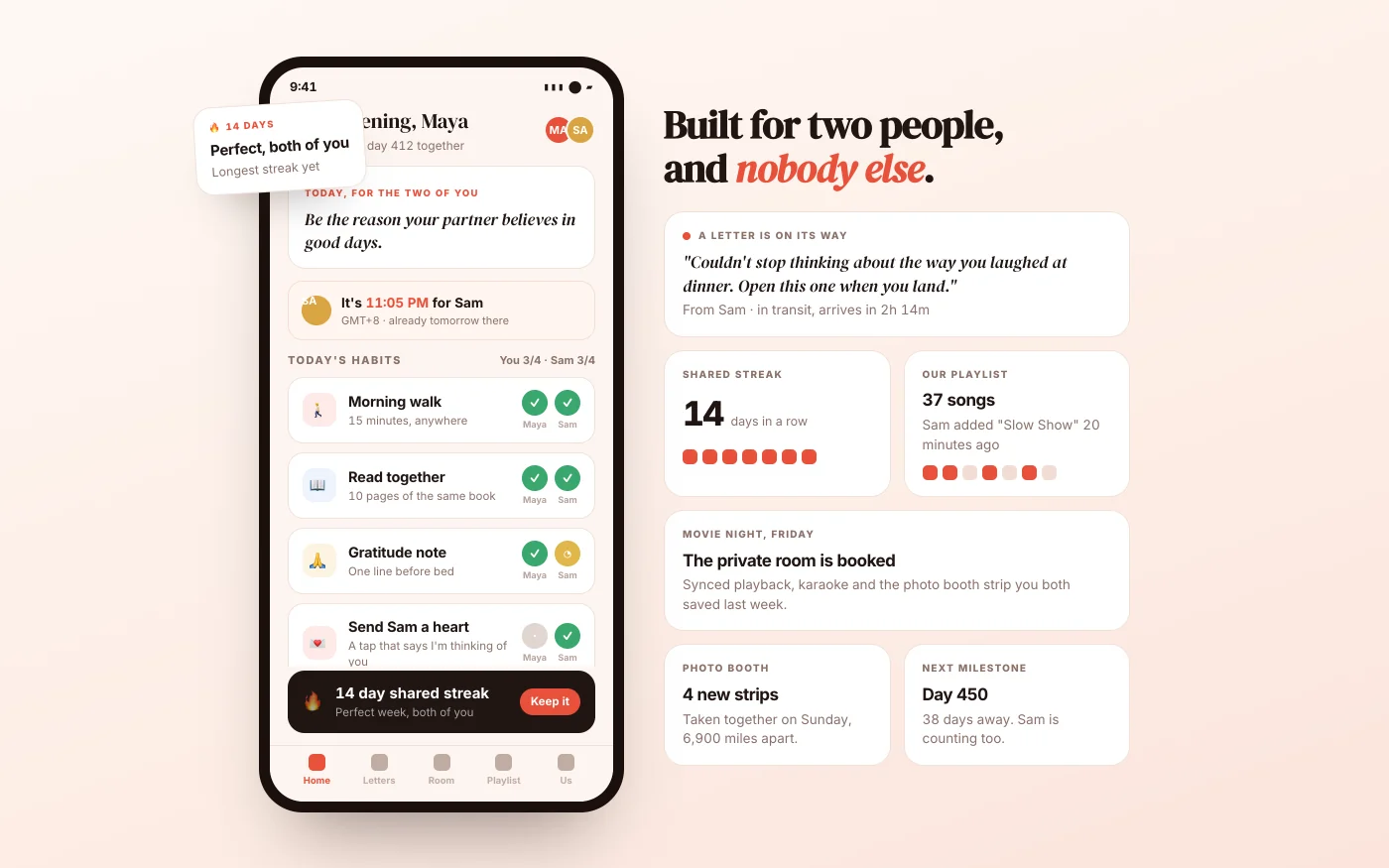 Inside a two-person habit app: shared streak, daily habits ticked by both partners and a letter in transit